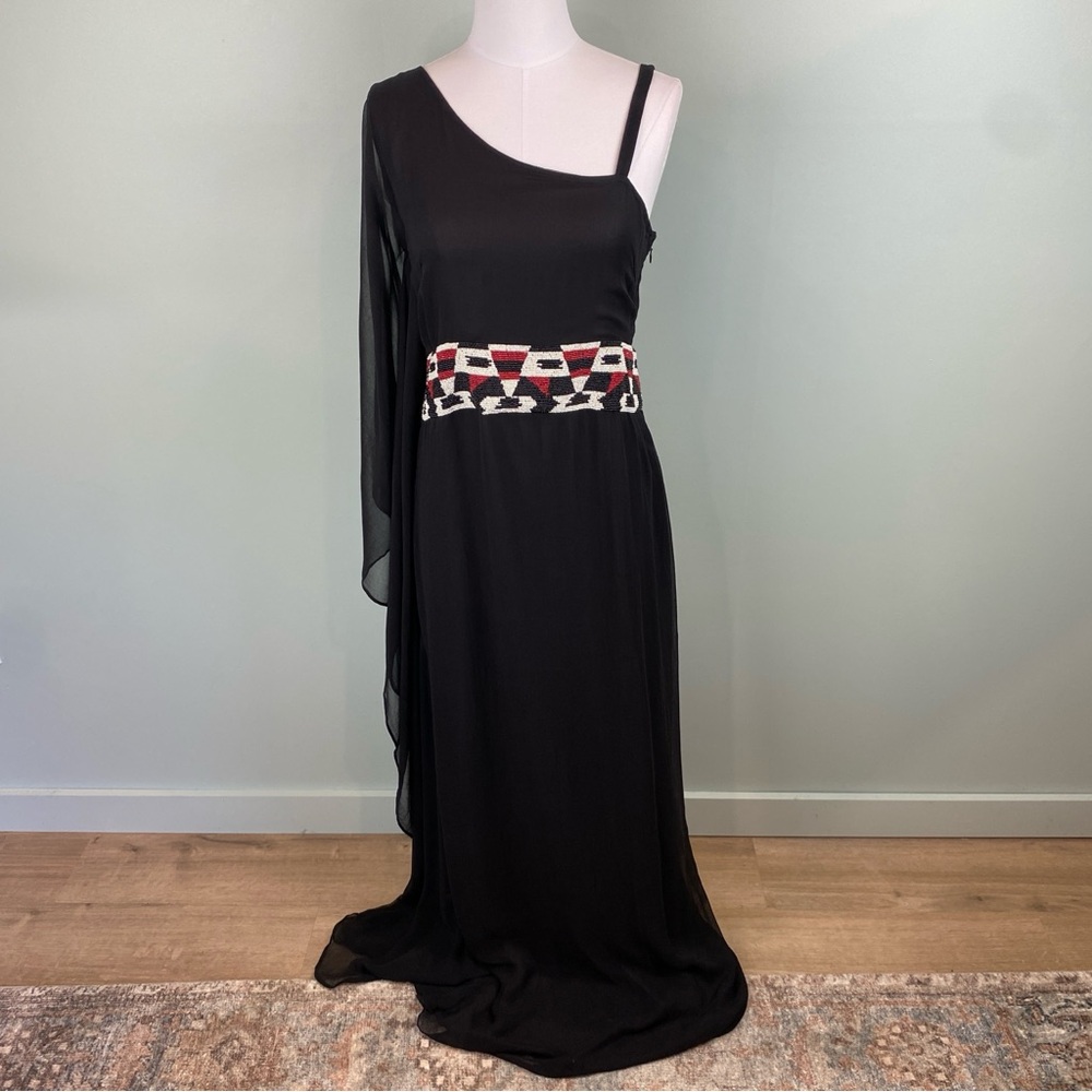 NWT Monique Leshman Black beaded boho Aztec Southwest Silk one shoulder Gown Sm.